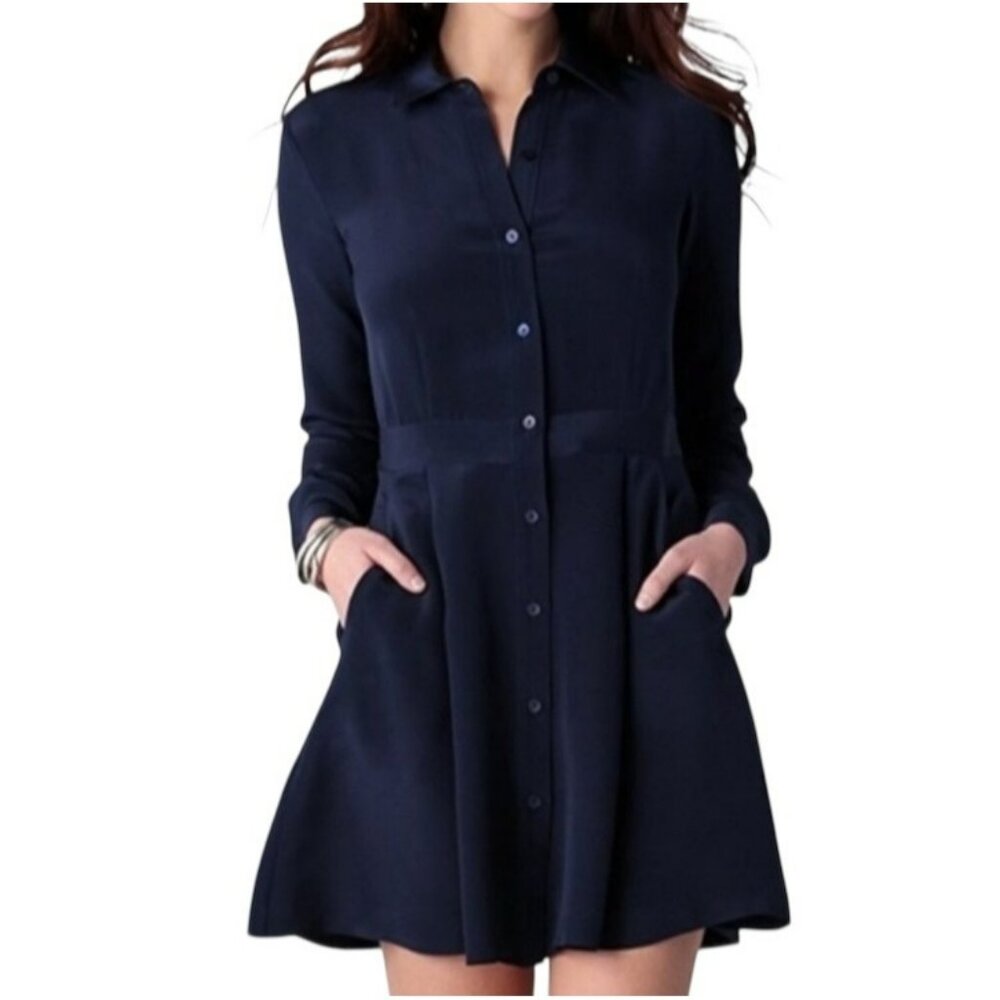 NWT Theory Navy Soream Shirt Dress Size 2 Button Front Long Sleeve Flared $375